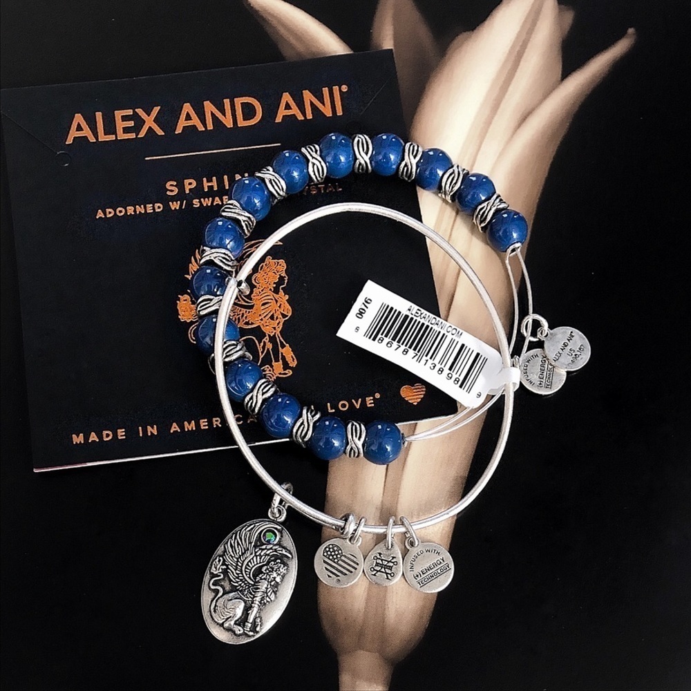 Nwt Rare Alex And Ani Silver Denim Beaded Magical Sphinx Set
